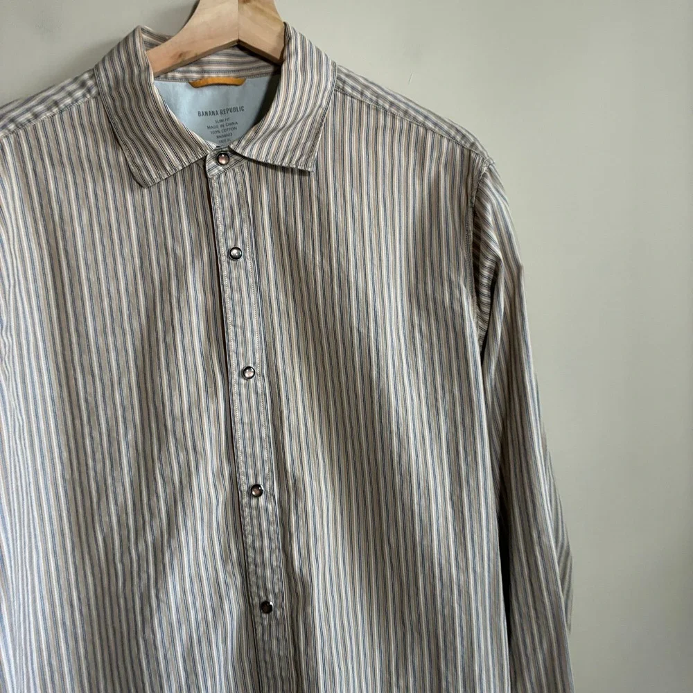 Banana Republic Slim Fit Western Snap Shirt XL Tan Mens Cotton Long Sleeve